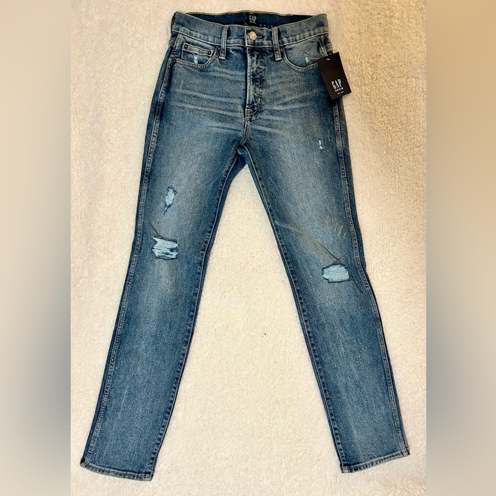 GAP 1969 Distressed High Rise Slim Straight Blue Jeans